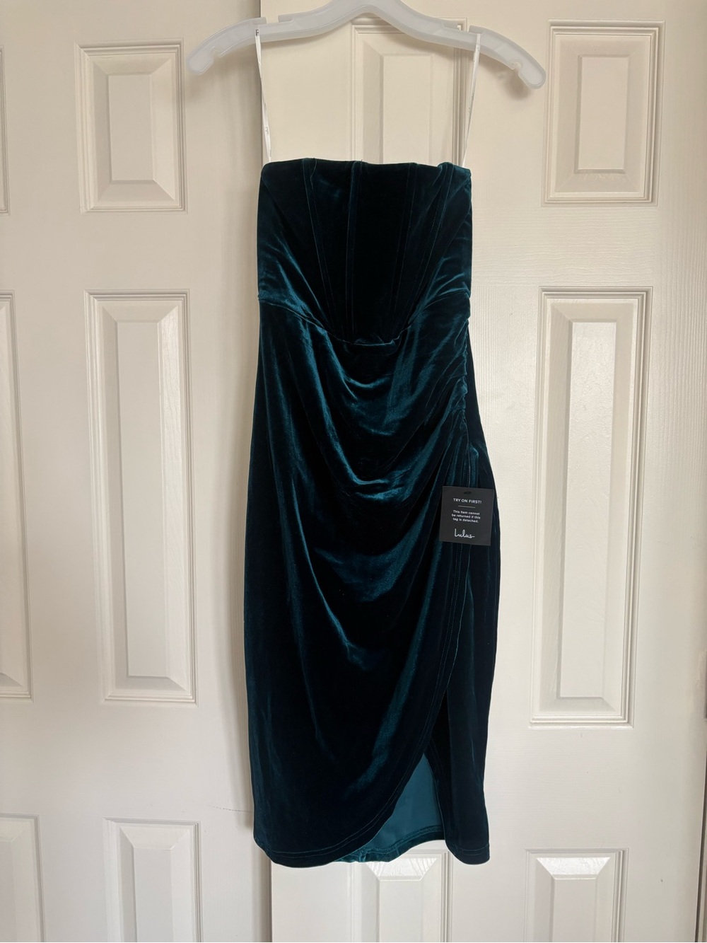 Lulu’s Peacock Green Teal Velvet Bustier Strapless Cocktail Midi Dress with Slit